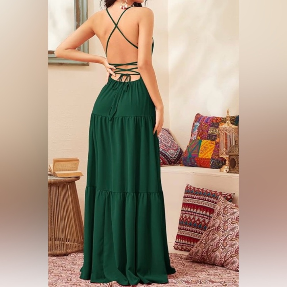 NWOT ADAGRO Dk Green Maxi Dress for Women Lace Up Backless Flounce Hem Cami SZ S